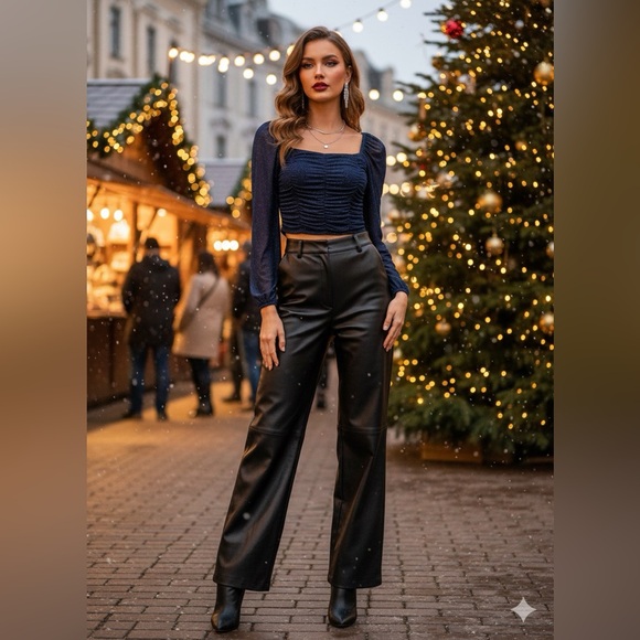 Urban Heritage Night Out Navy Sparkle Ruched Mesh Top Long Sleeve L - Picture 10 of 10